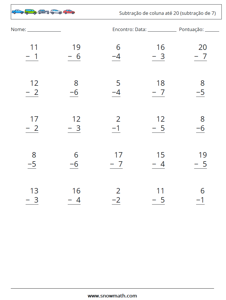 (25) Subtração de coluna até 20 (subtração de 7) planilhas matemáticas 10