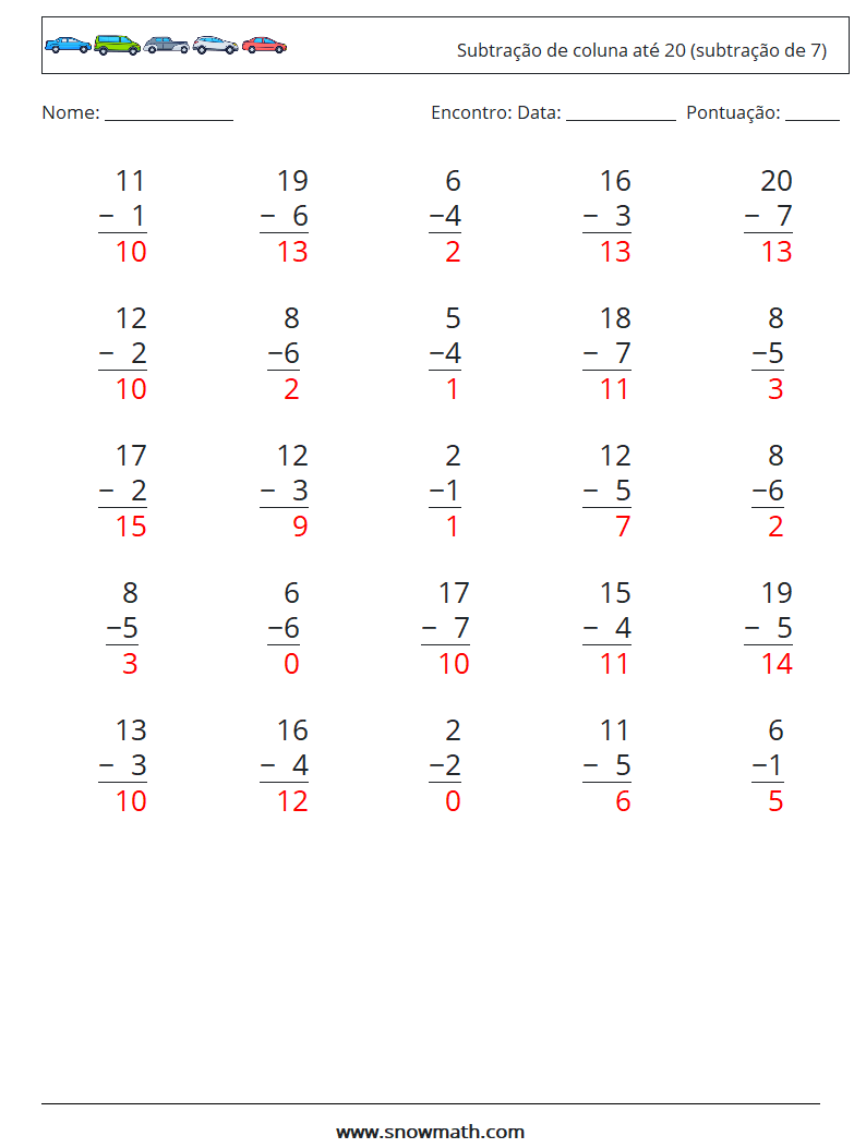 (25) Subtração de coluna até 20 (subtração de 7) planilhas matemáticas 10 Pergunta, Resposta