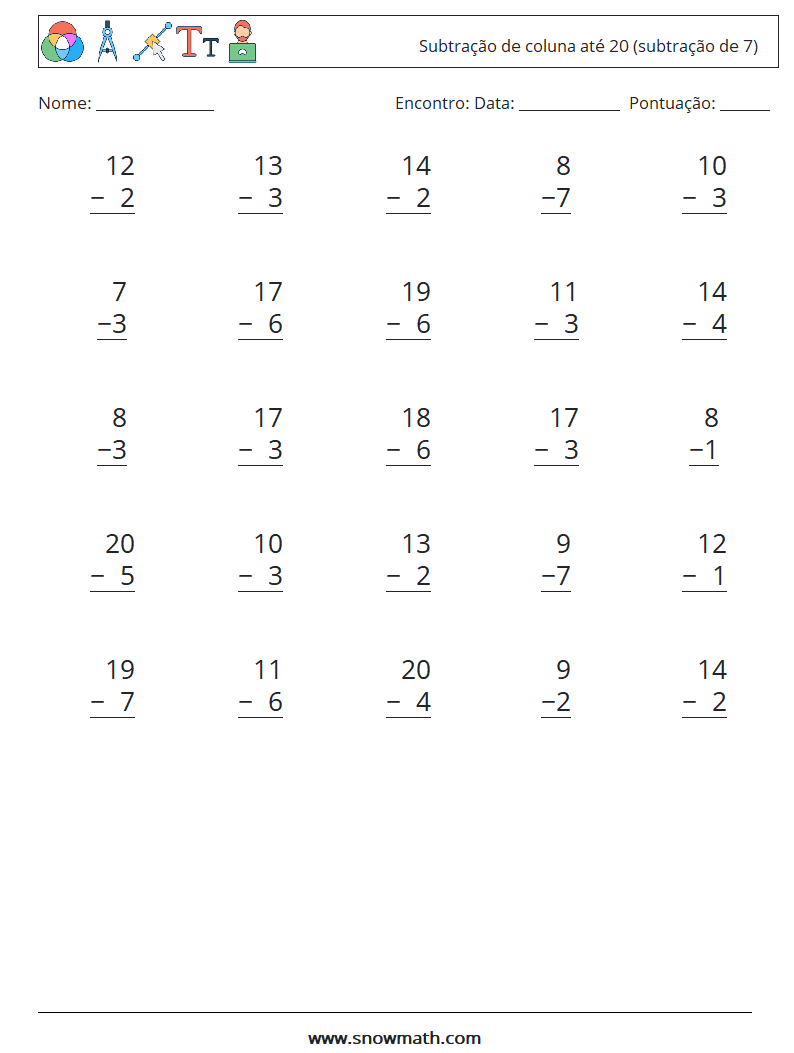 (25) Subtração de coluna até 20 (subtração de 7) planilhas matemáticas 11