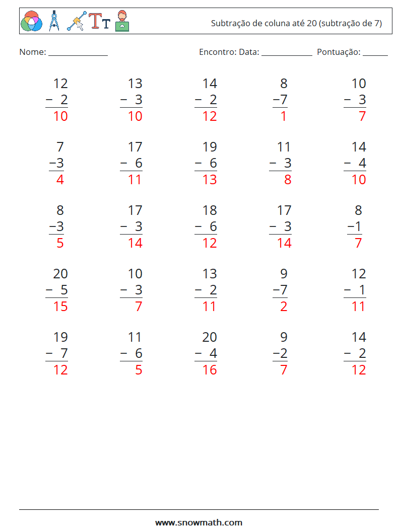 (25) Subtração de coluna até 20 (subtração de 7) planilhas matemáticas 11 Pergunta, Resposta