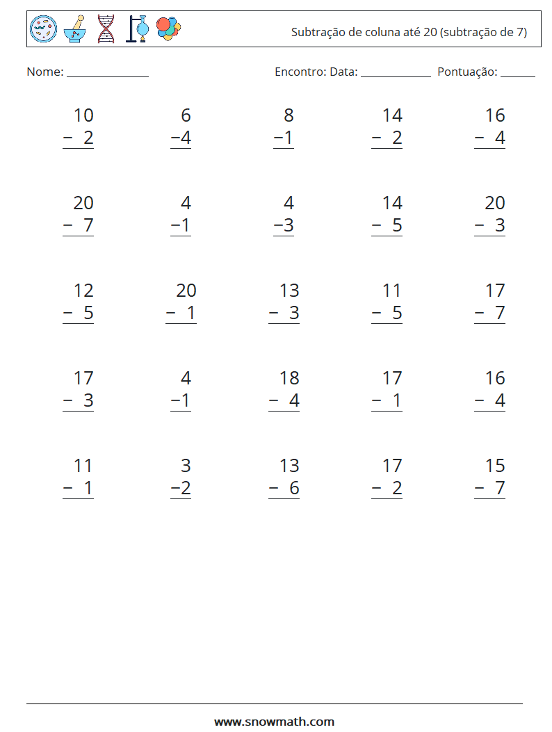 (25) Subtração de coluna até 20 (subtração de 7) planilhas matemáticas 12