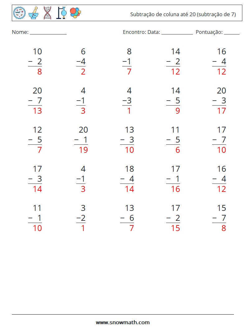 (25) Subtração de coluna até 20 (subtração de 7) planilhas matemáticas 12 Pergunta, Resposta