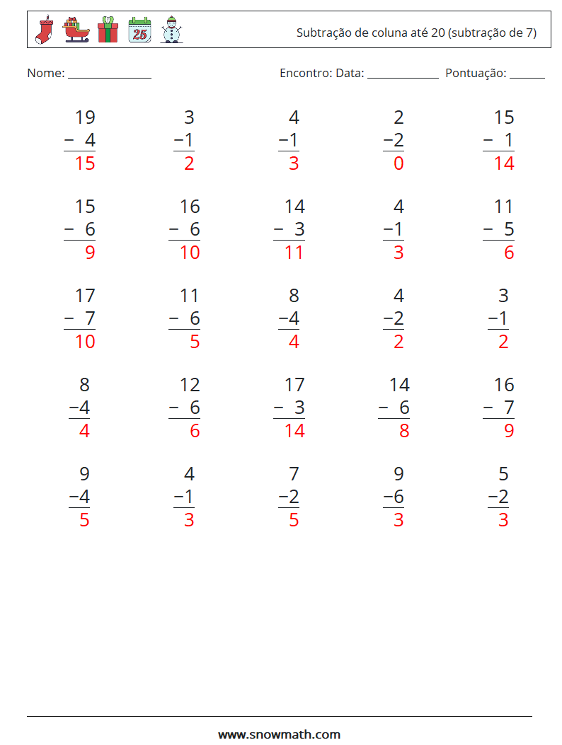 (25) Subtração de coluna até 20 (subtração de 7) planilhas matemáticas 14 Pergunta, Resposta