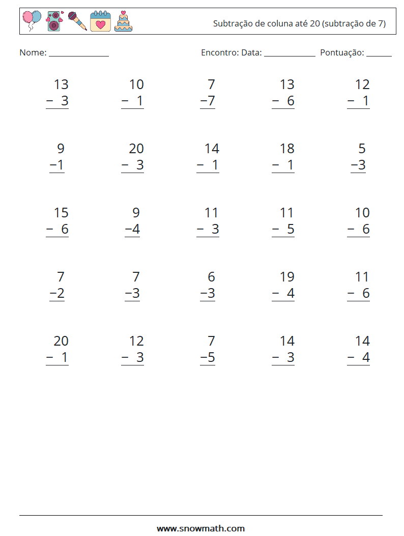 (25) Subtração de coluna até 20 (subtração de 7) planilhas matemáticas 16