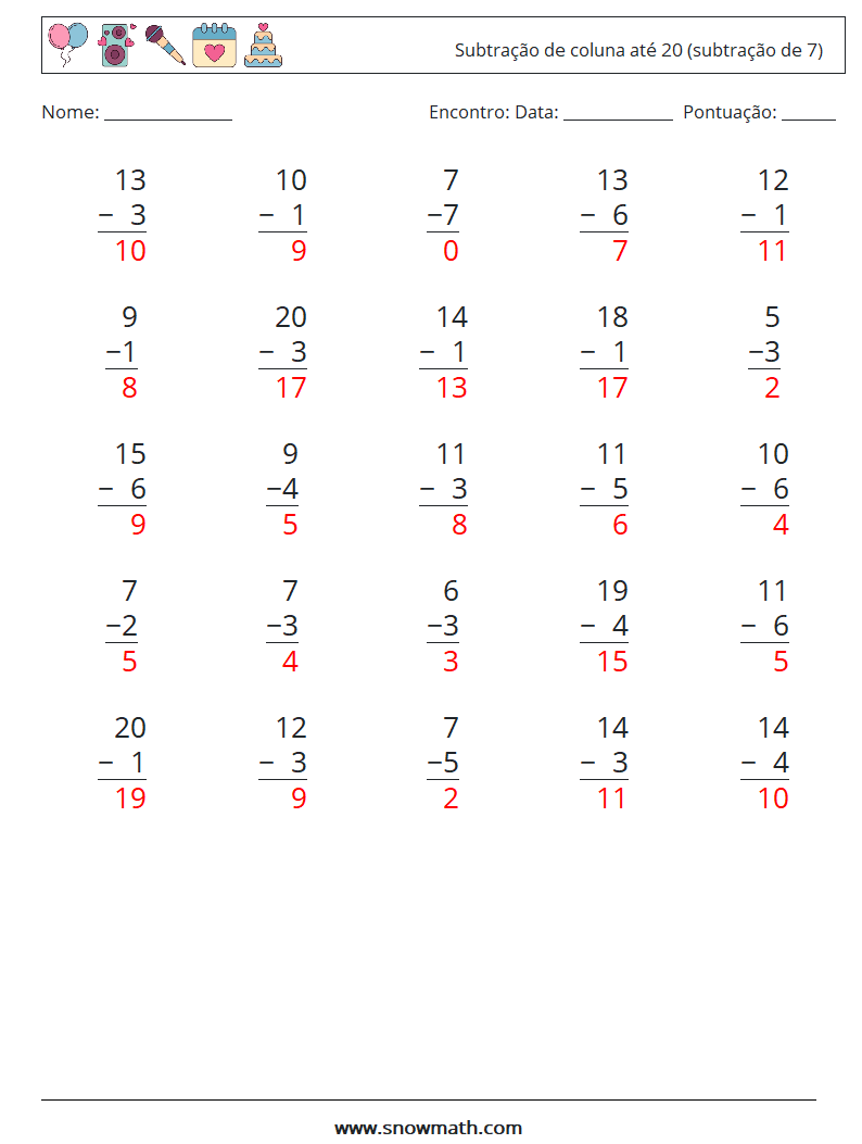 (25) Subtração de coluna até 20 (subtração de 7) planilhas matemáticas 16 Pergunta, Resposta