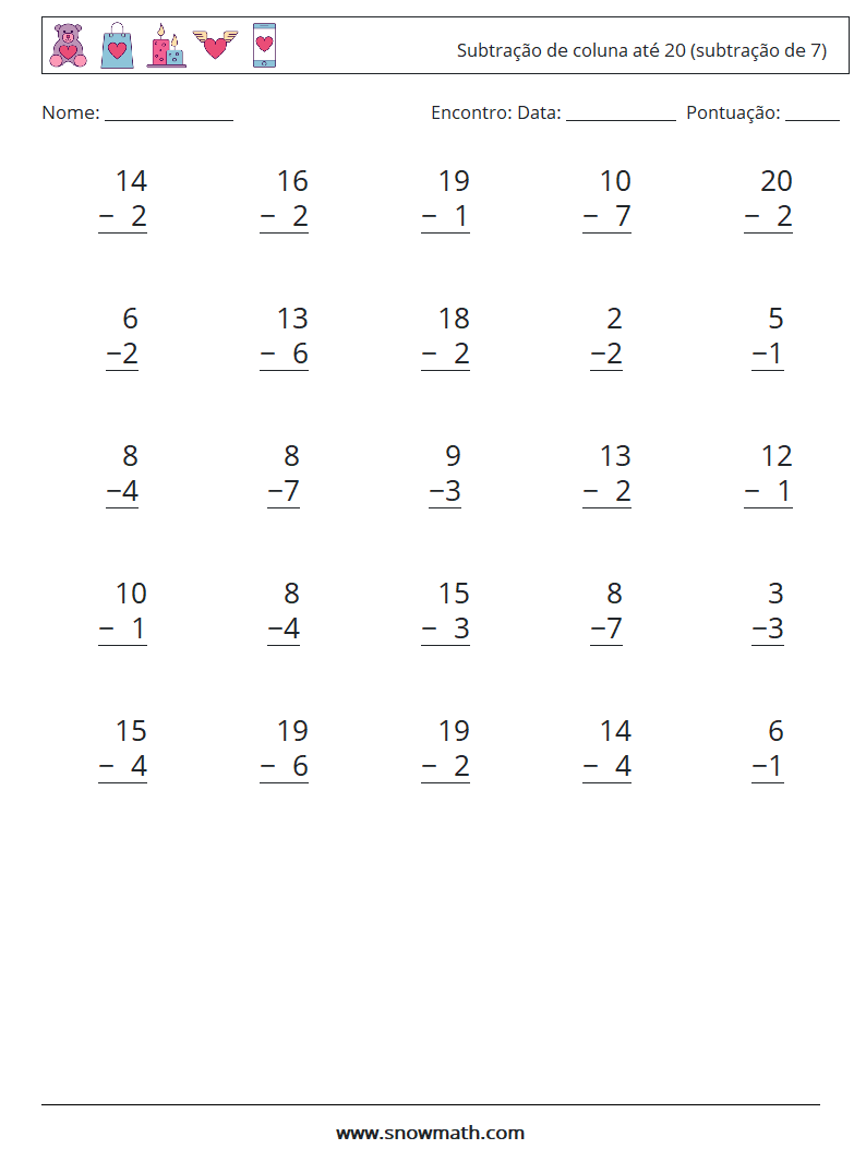 (25) Subtração de coluna até 20 (subtração de 7) planilhas matemáticas 17