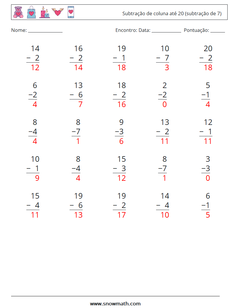 (25) Subtração de coluna até 20 (subtração de 7) planilhas matemáticas 17 Pergunta, Resposta