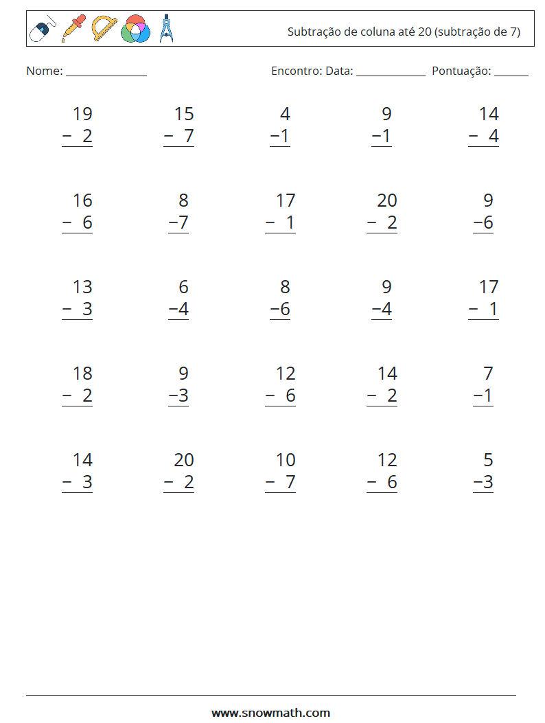 (25) Subtração de coluna até 20 (subtração de 7) planilhas matemáticas 18