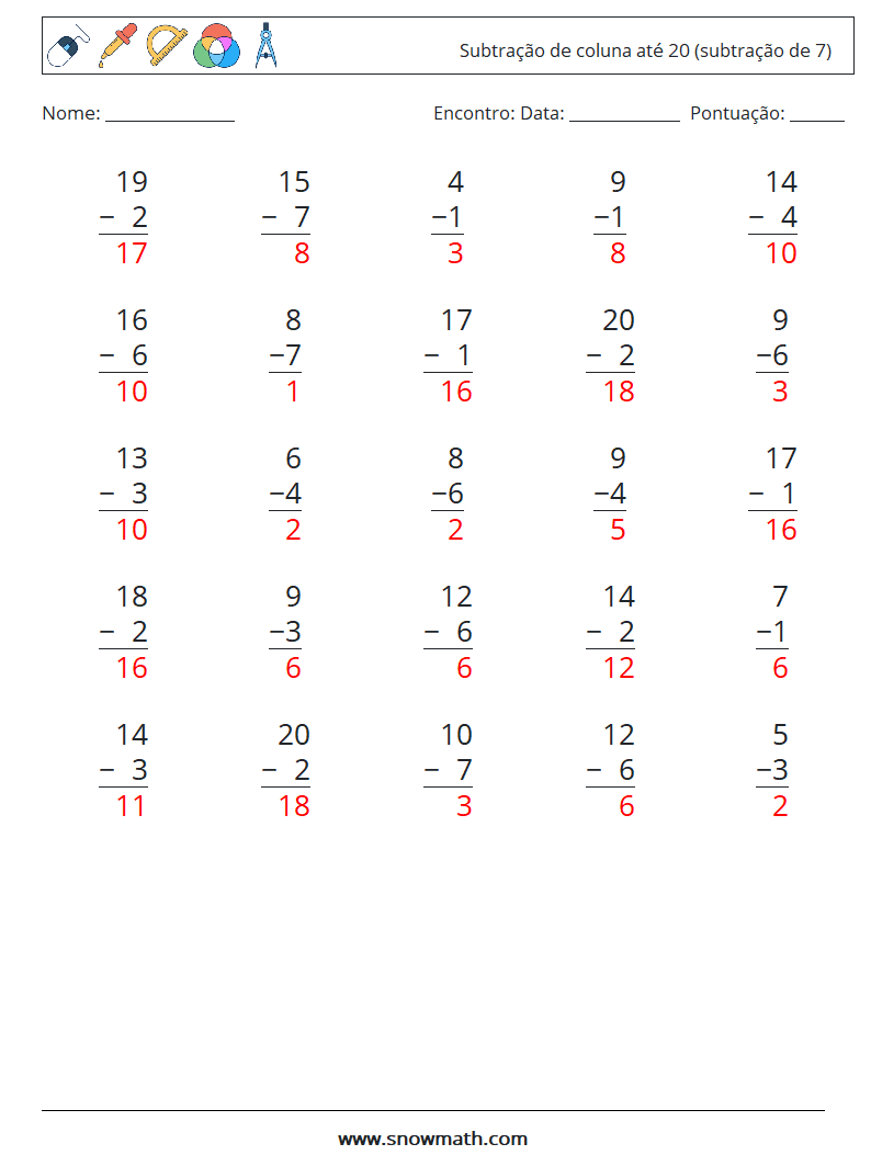 (25) Subtração de coluna até 20 (subtração de 7) planilhas matemáticas 18 Pergunta, Resposta