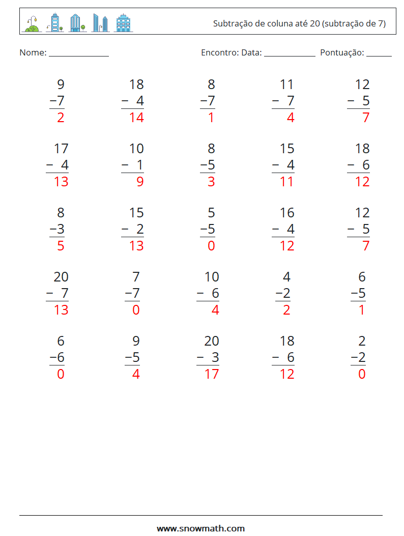 (25) Subtração de coluna até 20 (subtração de 7) planilhas matemáticas 1 Pergunta, Resposta