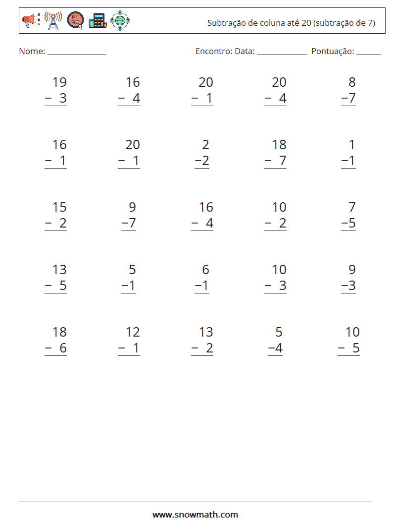 (25) Subtração de coluna até 20 (subtração de 7) planilhas matemáticas 2