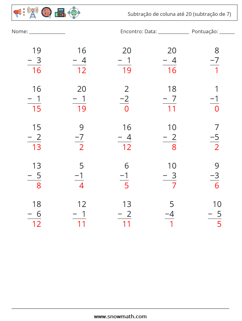 (25) Subtração de coluna até 20 (subtração de 7) planilhas matemáticas 2 Pergunta, Resposta