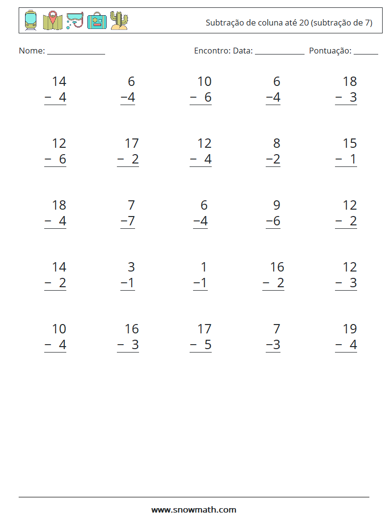(25) Subtração de coluna até 20 (subtração de 7) planilhas matemáticas 3
