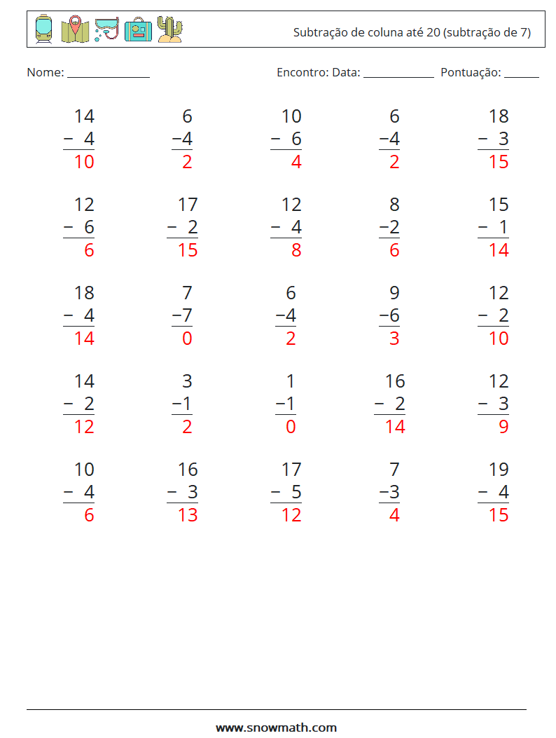 (25) Subtração de coluna até 20 (subtração de 7) planilhas matemáticas 3 Pergunta, Resposta