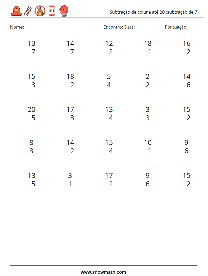 (25) Subtração de coluna até 20 (subtração de 7) planilhas matemáticas 4