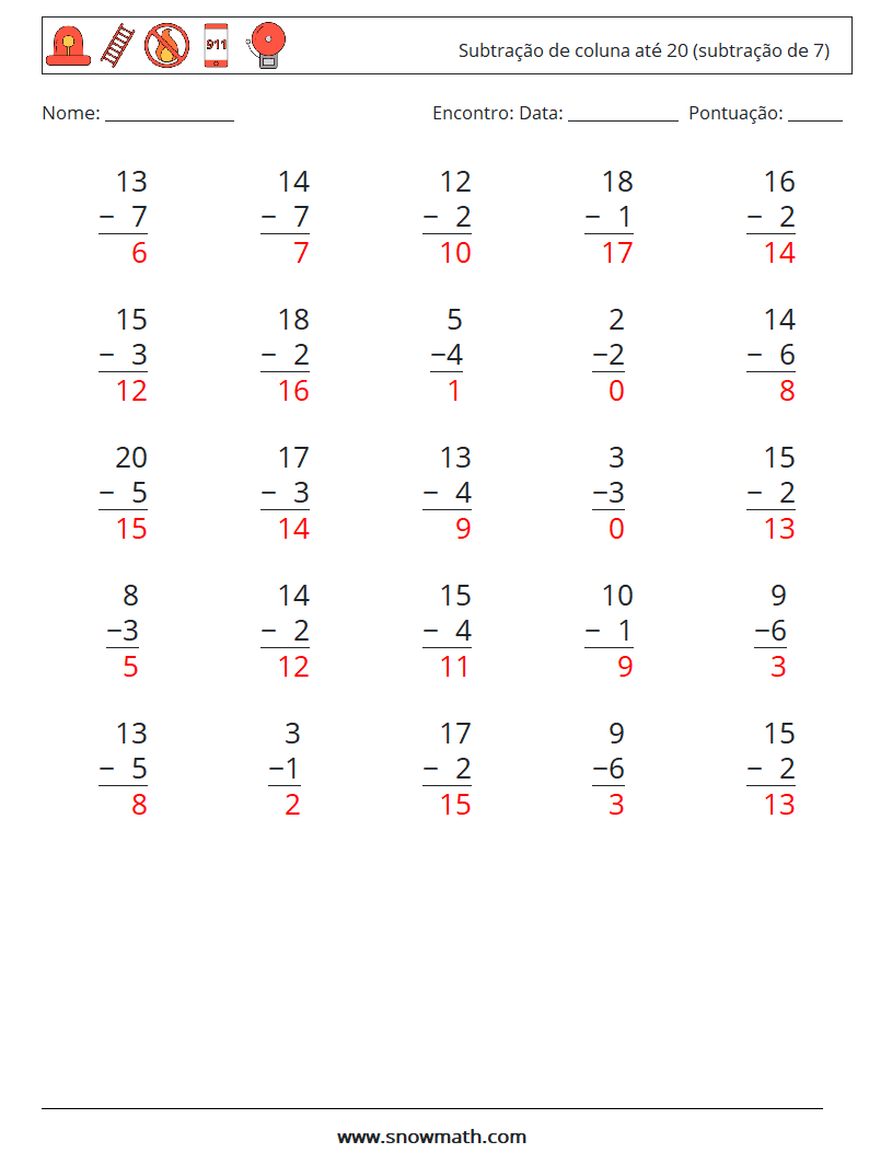 (25) Subtração de coluna até 20 (subtração de 7) planilhas matemáticas 4 Pergunta, Resposta