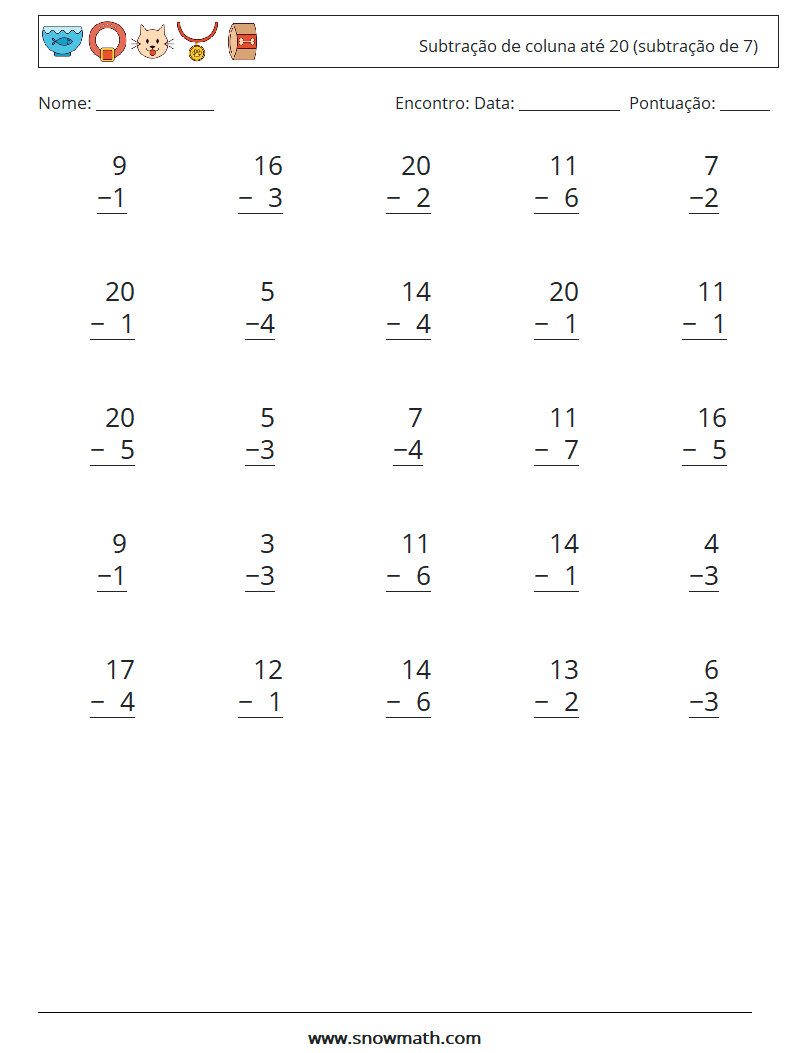 (25) Subtração de coluna até 20 (subtração de 7) planilhas matemáticas 5