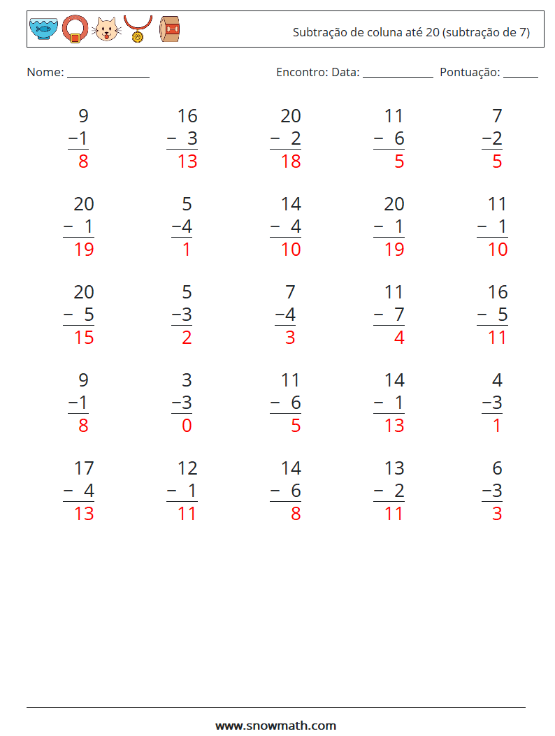 (25) Subtração de coluna até 20 (subtração de 7) planilhas matemáticas 5 Pergunta, Resposta