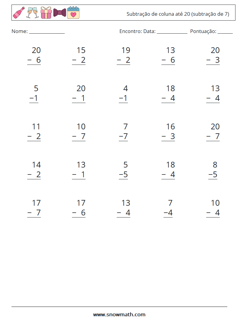 (25) Subtração de coluna até 20 (subtração de 7) planilhas matemáticas 6