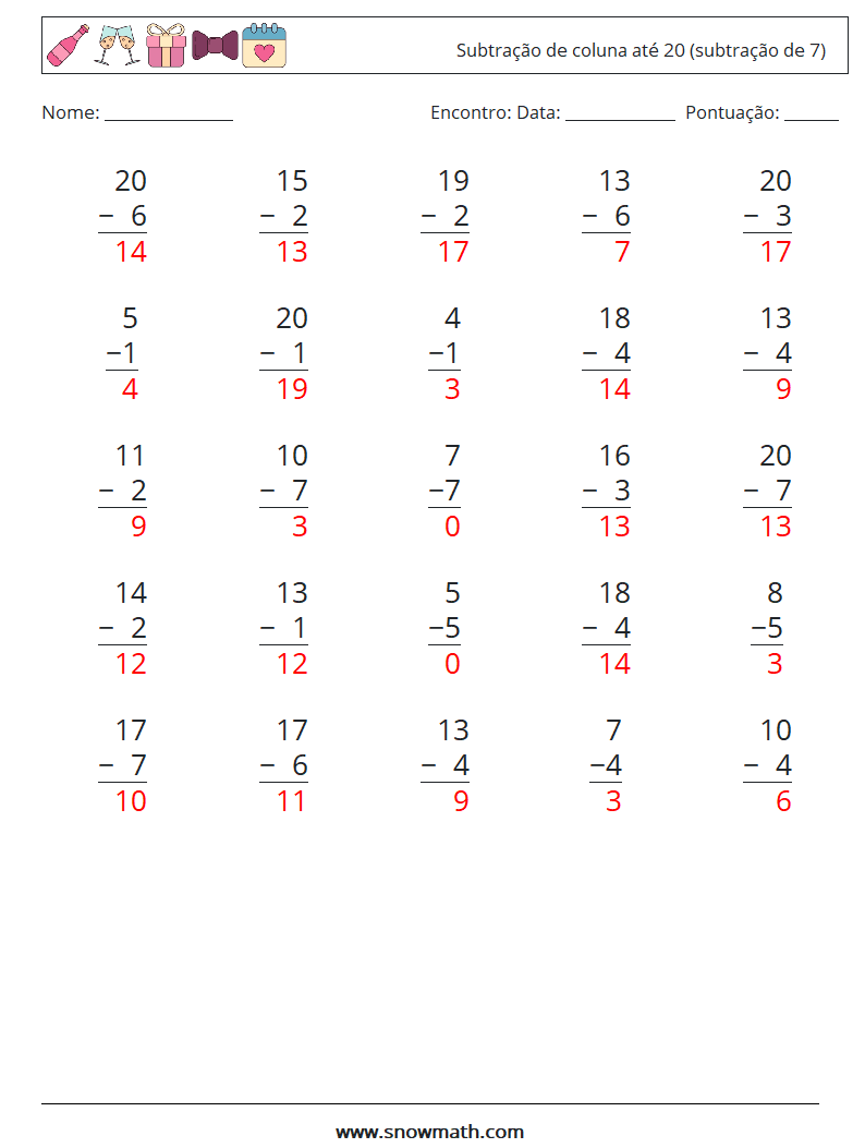 (25) Subtração de coluna até 20 (subtração de 7) planilhas matemáticas 6 Pergunta, Resposta