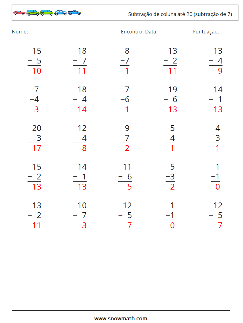 (25) Subtração de coluna até 20 (subtração de 7) planilhas matemáticas 7 Pergunta, Resposta