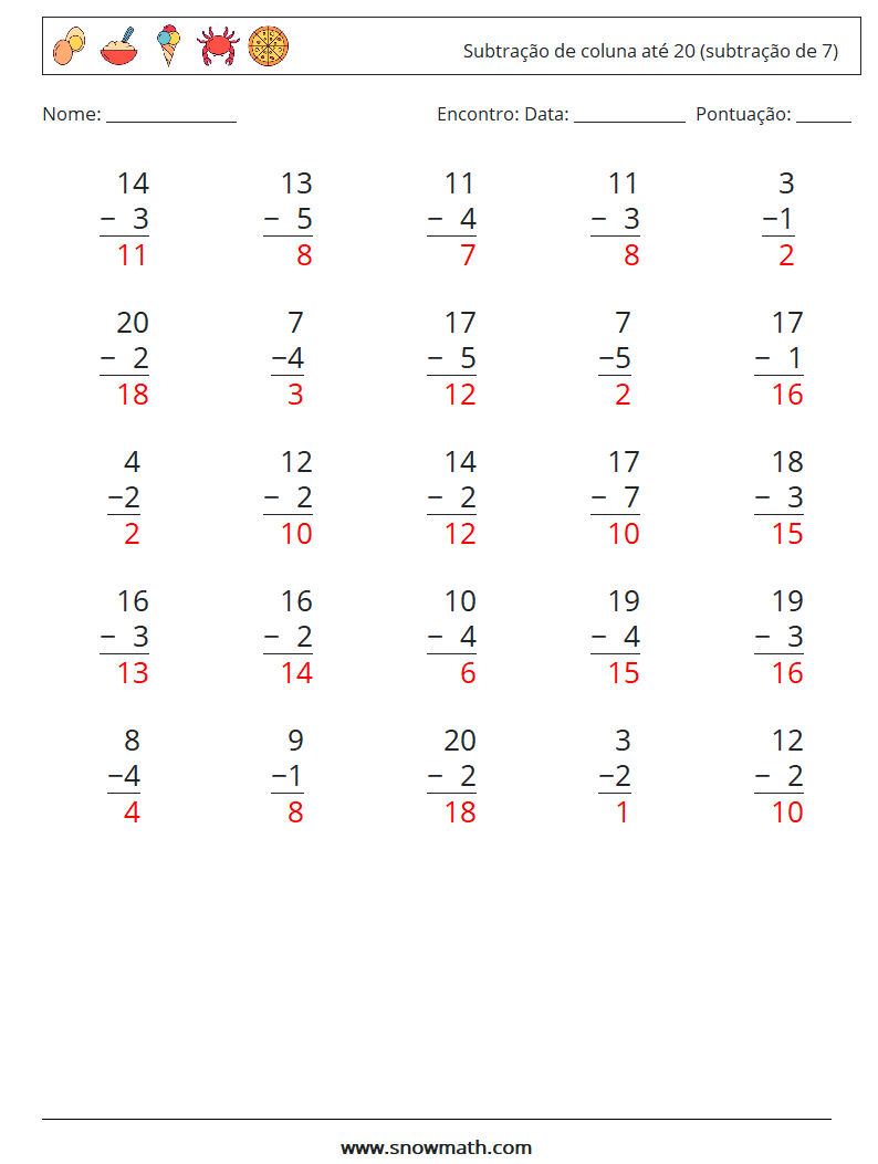 (25) Subtração de coluna até 20 (subtração de 7) planilhas matemáticas 8 Pergunta, Resposta