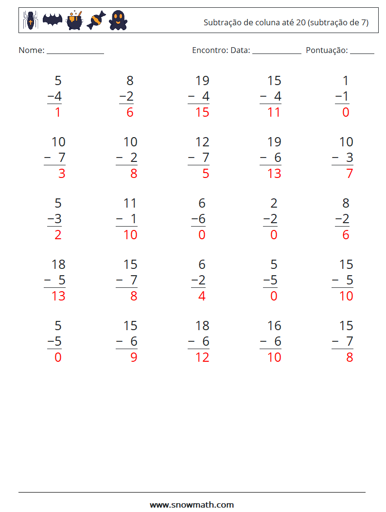 (25) Subtração de coluna até 20 (subtração de 7) planilhas matemáticas 9 Pergunta, Resposta