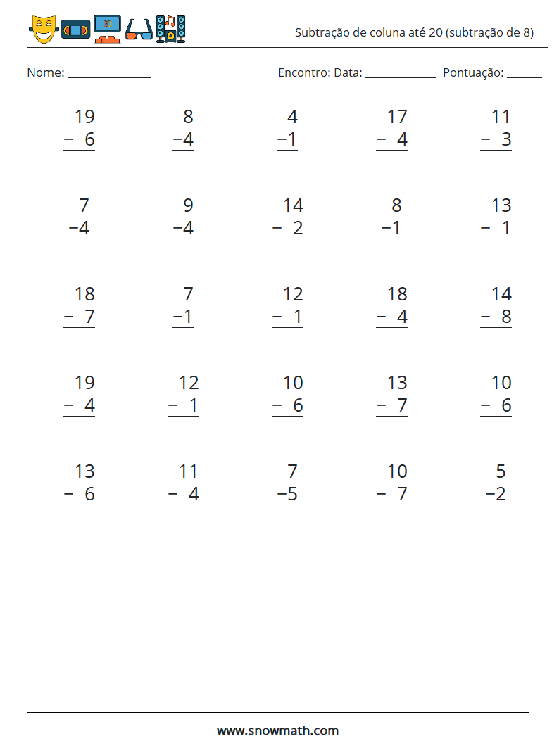 (25) Subtração de coluna até 20 (subtração de 8) planilhas matemáticas 10