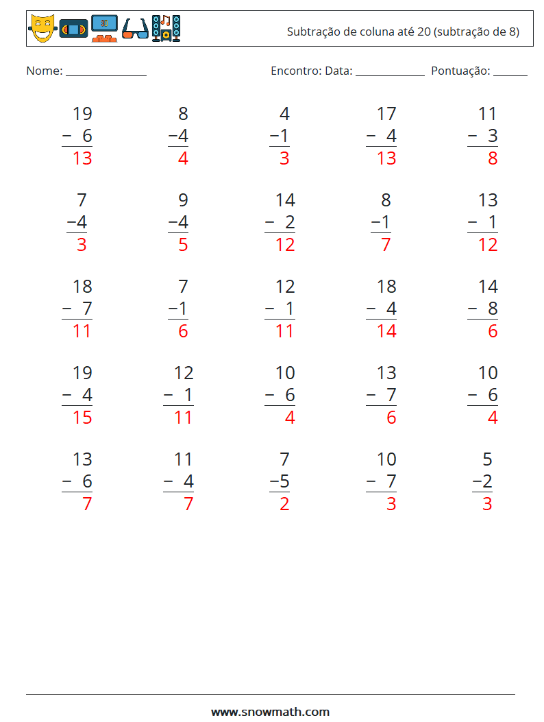 (25) Subtração de coluna até 20 (subtração de 8) planilhas matemáticas 10 Pergunta, Resposta