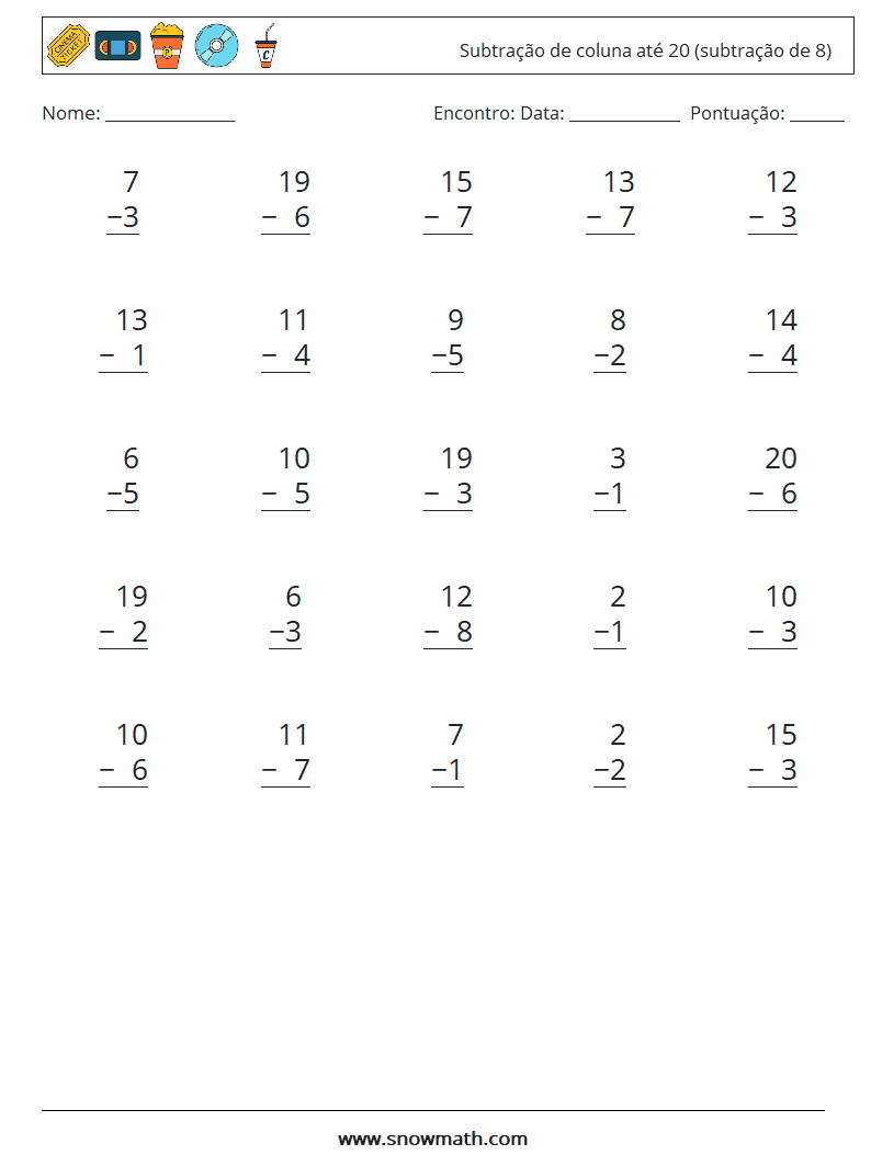 (25) Subtração de coluna até 20 (subtração de 8) planilhas matemáticas 11