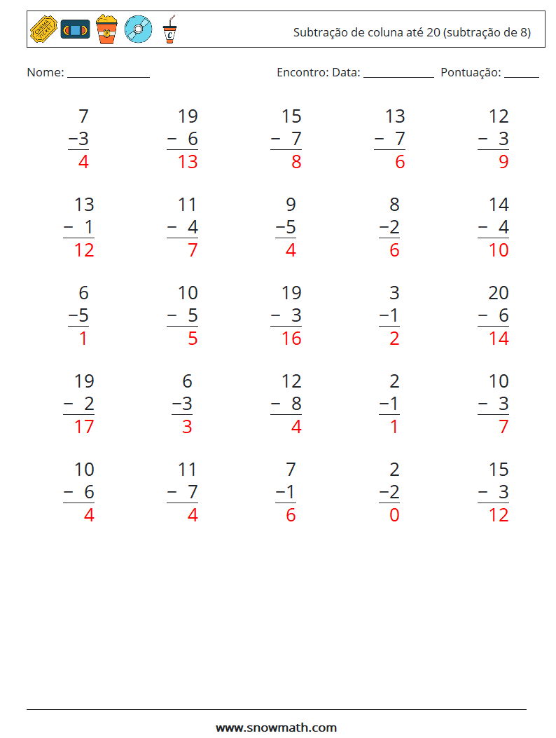 (25) Subtração de coluna até 20 (subtração de 8) planilhas matemáticas 11 Pergunta, Resposta