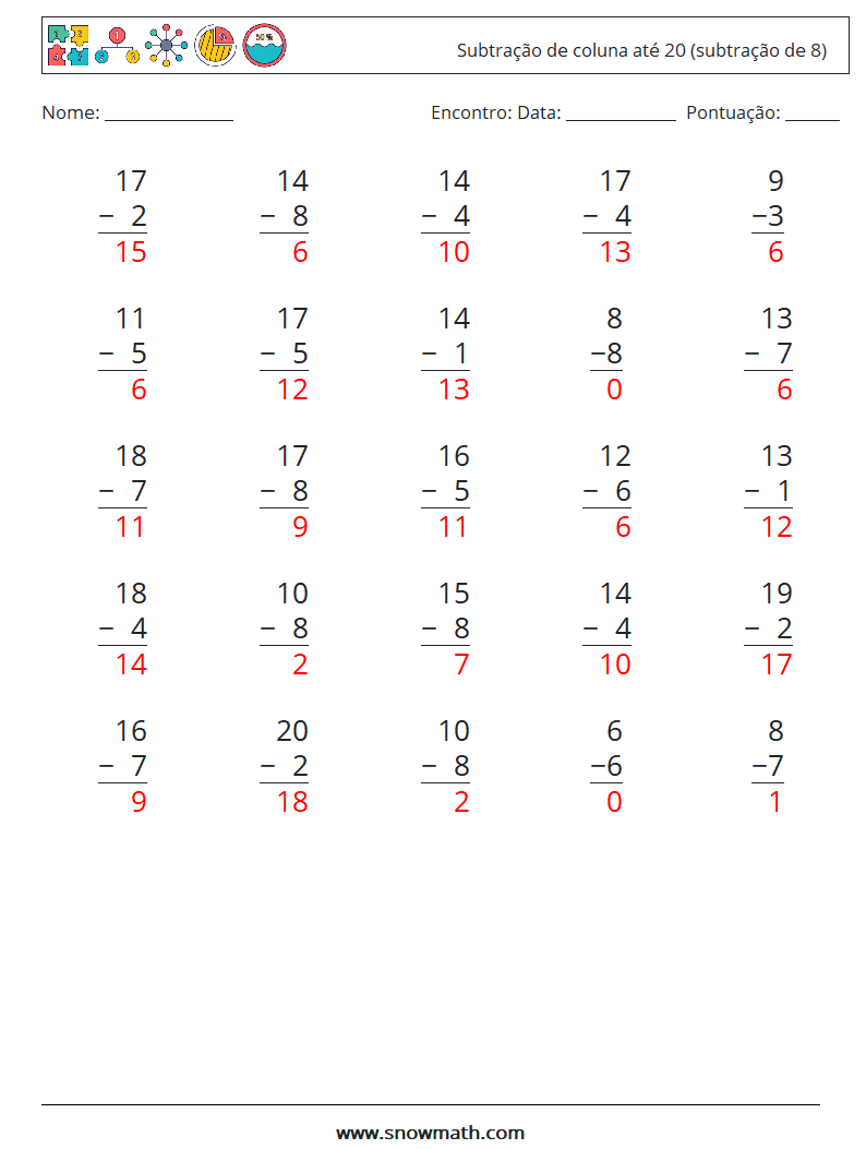 (25) Subtração de coluna até 20 (subtração de 8) planilhas matemáticas 12 Pergunta, Resposta