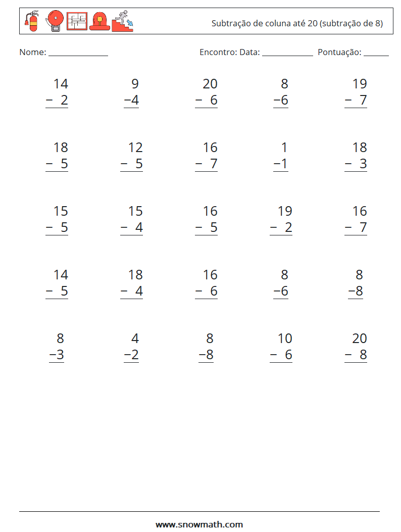 (25) Subtração de coluna até 20 (subtração de 8) planilhas matemáticas 15