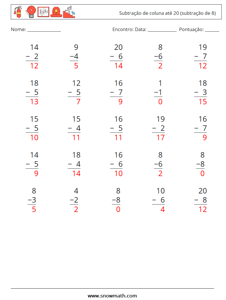 (25) Subtração de coluna até 20 (subtração de 8) planilhas matemáticas 15 Pergunta, Resposta