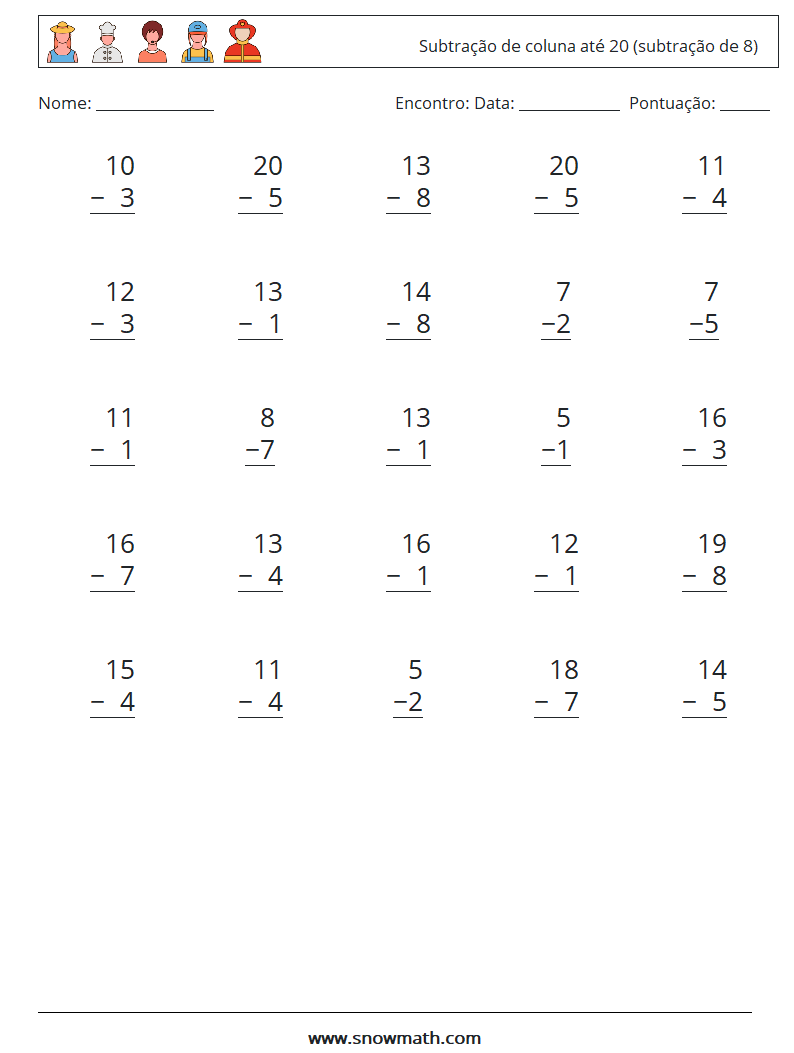 (25) Subtração de coluna até 20 (subtração de 8) planilhas matemáticas 16