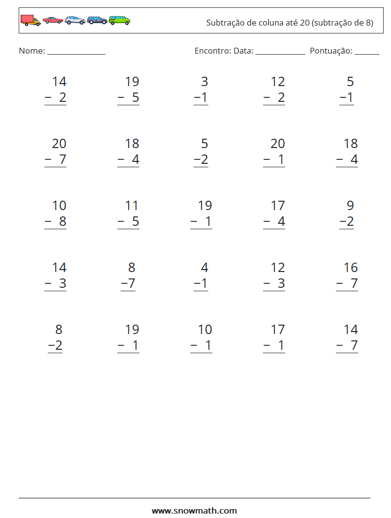 (25) Subtração de coluna até 20 (subtração de 8) planilhas matemáticas 17