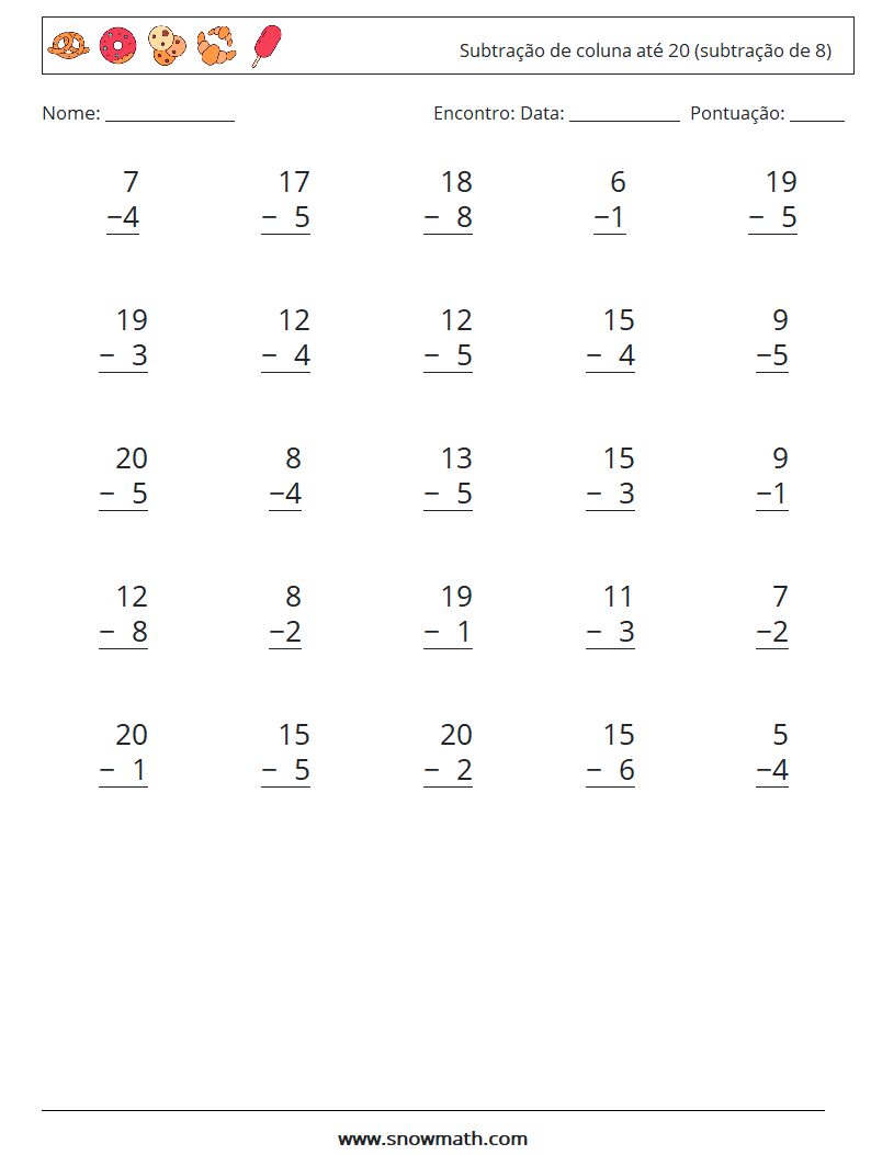 (25) Subtração de coluna até 20 (subtração de 8) planilhas matemáticas 18