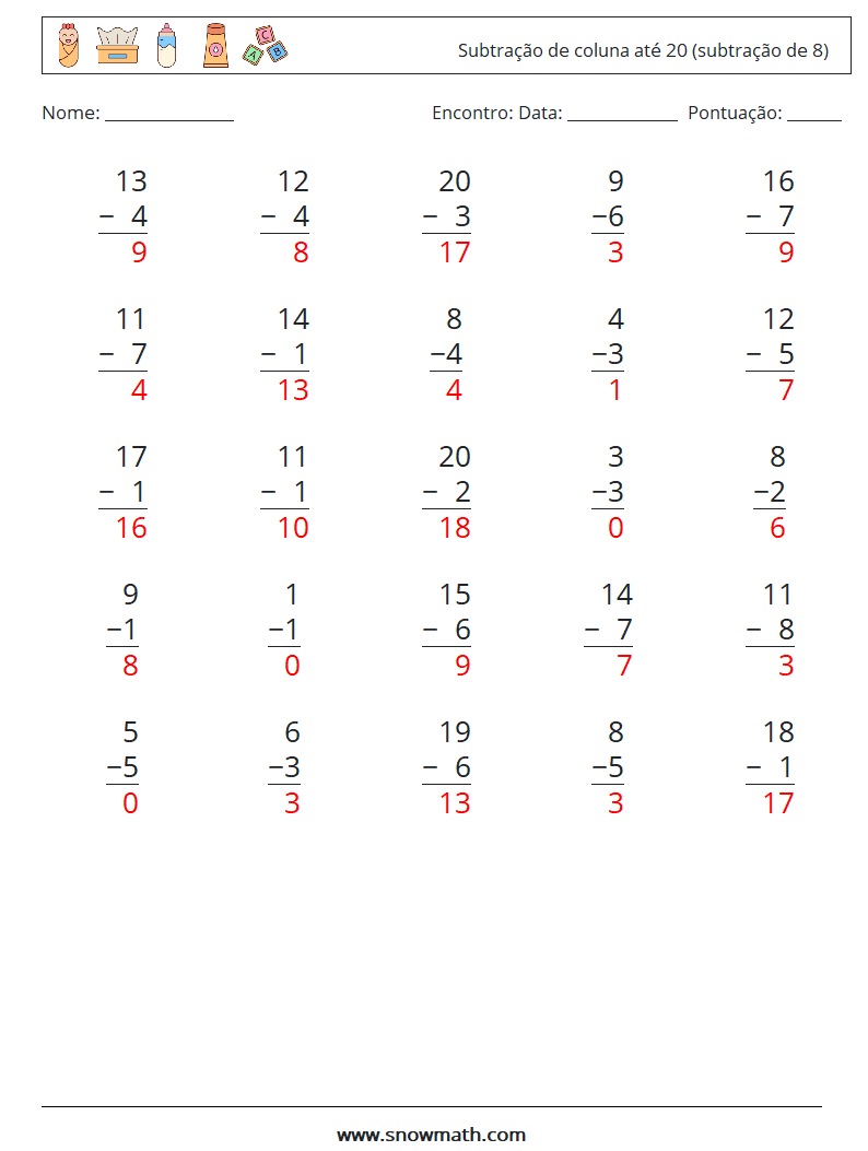 (25) Subtração de coluna até 20 (subtração de 8) planilhas matemáticas 1 Pergunta, Resposta