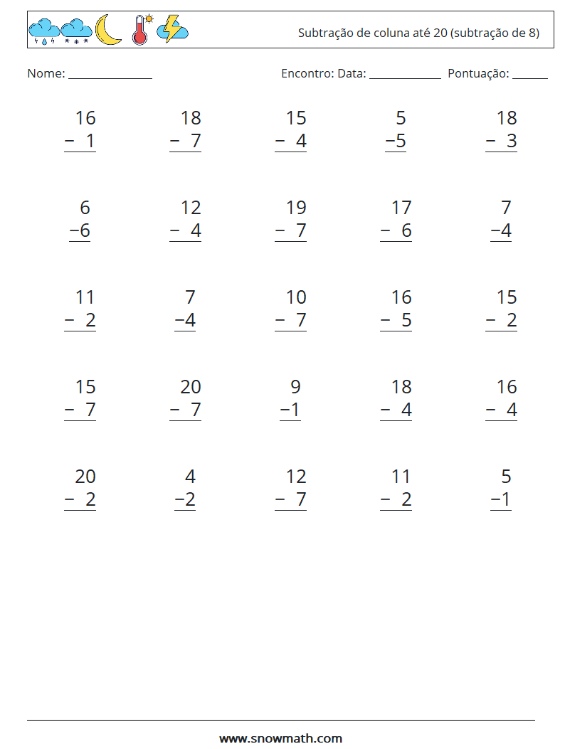 (25) Subtração de coluna até 20 (subtração de 8) planilhas matemáticas 2