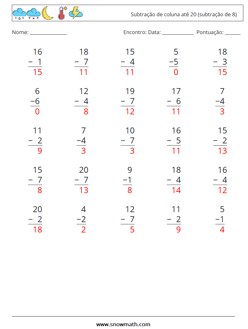 (25) Subtração de coluna até 20 (subtração de 8) planilhas matemáticas 2 Pergunta, Resposta