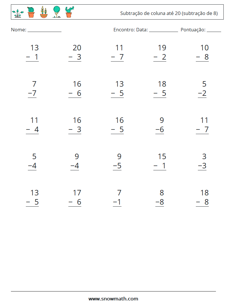 (25) Subtração de coluna até 20 (subtração de 8) planilhas matemáticas 3