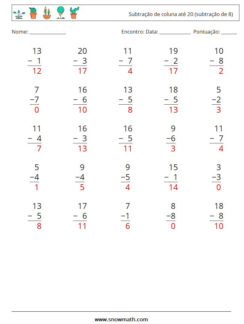 (25) Subtração de coluna até 20 (subtração de 8) planilhas matemáticas 3 Pergunta, Resposta