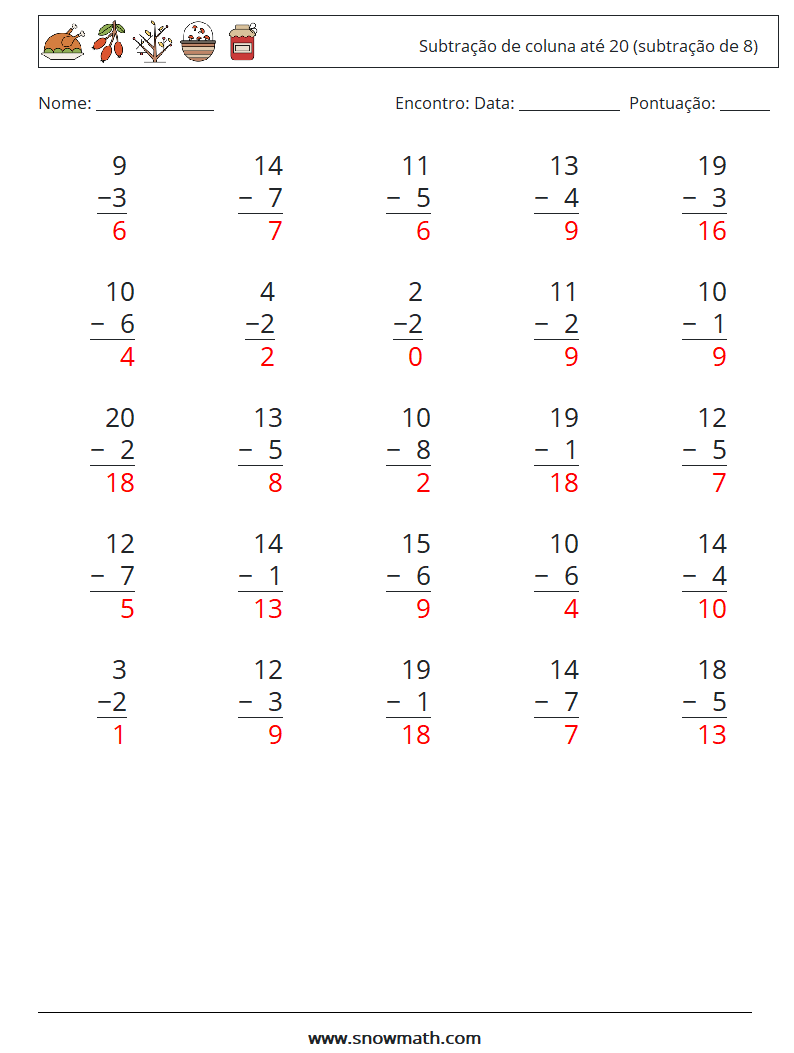 (25) Subtração de coluna até 20 (subtração de 8) planilhas matemáticas 4 Pergunta, Resposta