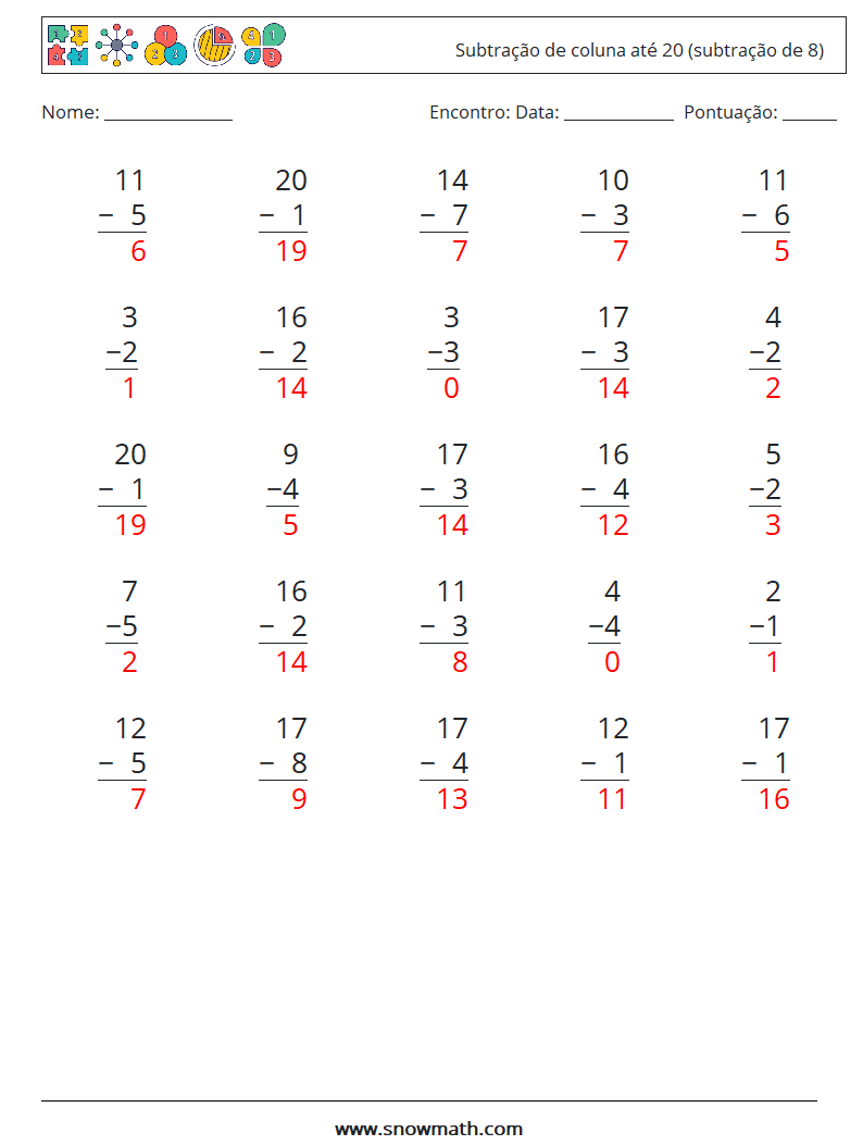 (25) Subtração de coluna até 20 (subtração de 8) planilhas matemáticas 5 Pergunta, Resposta