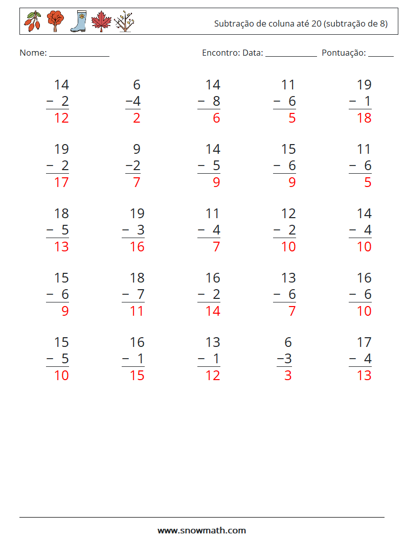 (25) Subtração de coluna até 20 (subtração de 8) planilhas matemáticas 6 Pergunta, Resposta