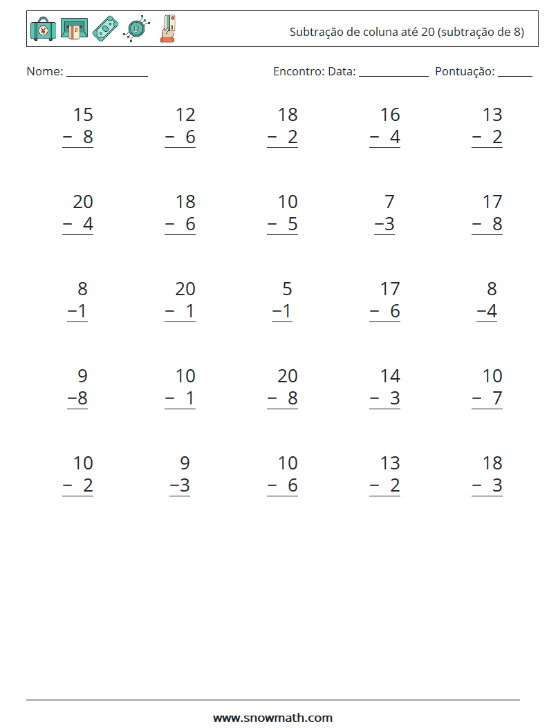 (25) Subtração de coluna até 20 (subtração de 8) planilhas matemáticas 7