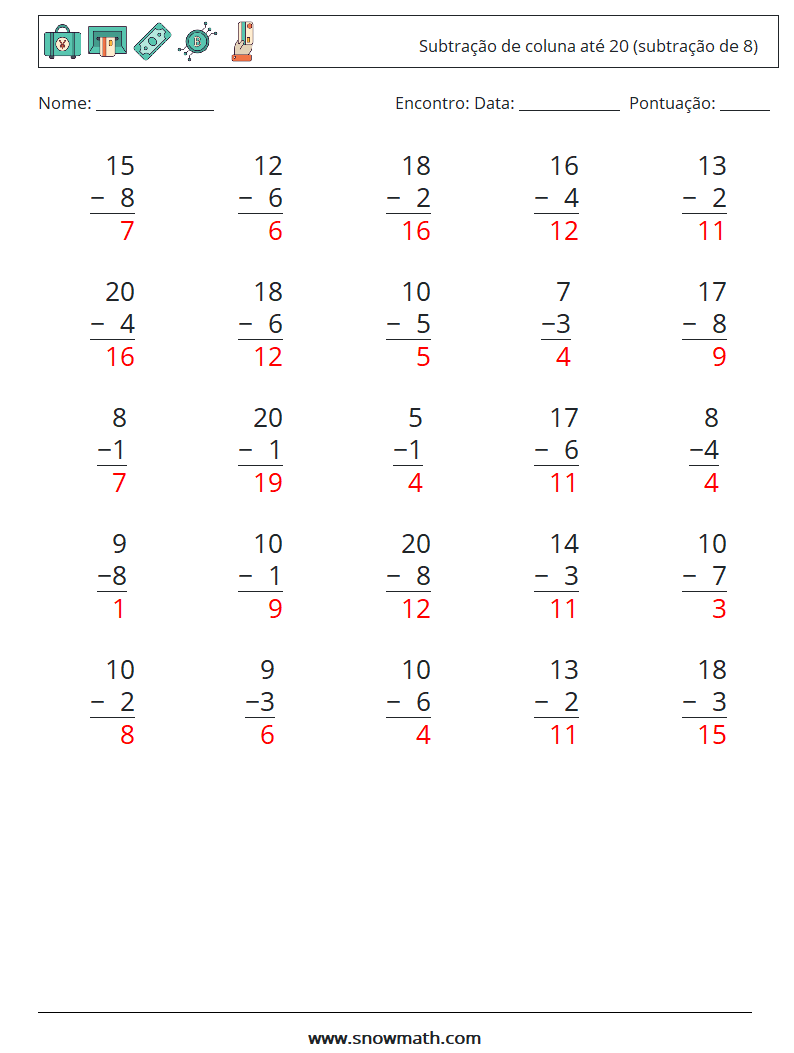 (25) Subtração de coluna até 20 (subtração de 8) planilhas matemáticas 7 Pergunta, Resposta