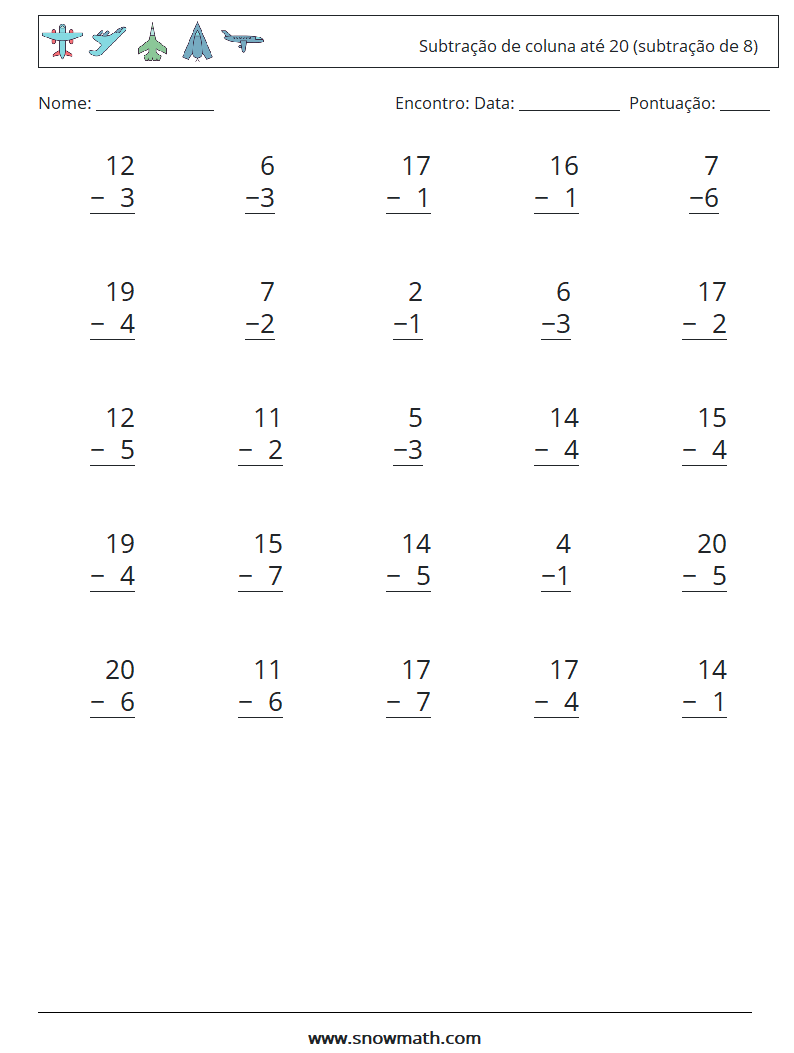 (25) Subtração de coluna até 20 (subtração de 8) planilhas matemáticas 8