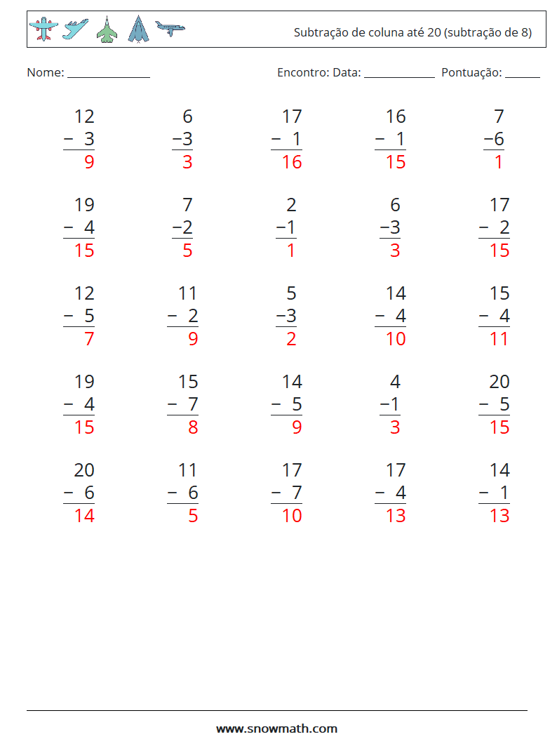 (25) Subtração de coluna até 20 (subtração de 8) planilhas matemáticas 8 Pergunta, Resposta