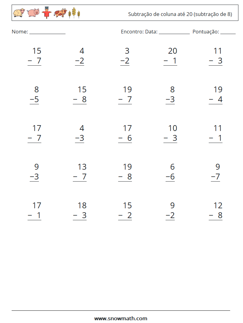 (25) Subtração de coluna até 20 (subtração de 8) planilhas matemáticas 9